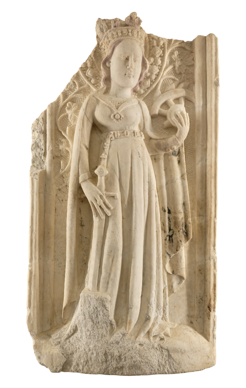 Bassorilievo con Santa Caterina d'Alessandria della bottega di Stefano Mossettaz, 1440, Castello di Aymavilles, Valle d'Aosta